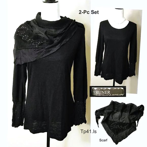 ERUNER 2-pc Set Black Tunic Long Sleeved Round Neck w/ matching Scarf M-L - Picture 1 of 15